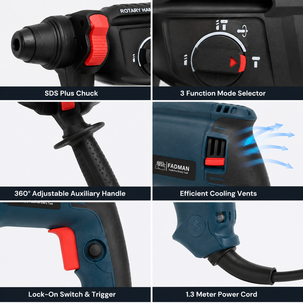 1200W 26mm Heavy Duty Rotary Hammer Drill Machine with SDS Plus Chuck, 3-Mode Drilling, Hammering & Hammer Drilling, 5 Drill Bits, Auxiliary Handle, Depth Rod & Carry Case