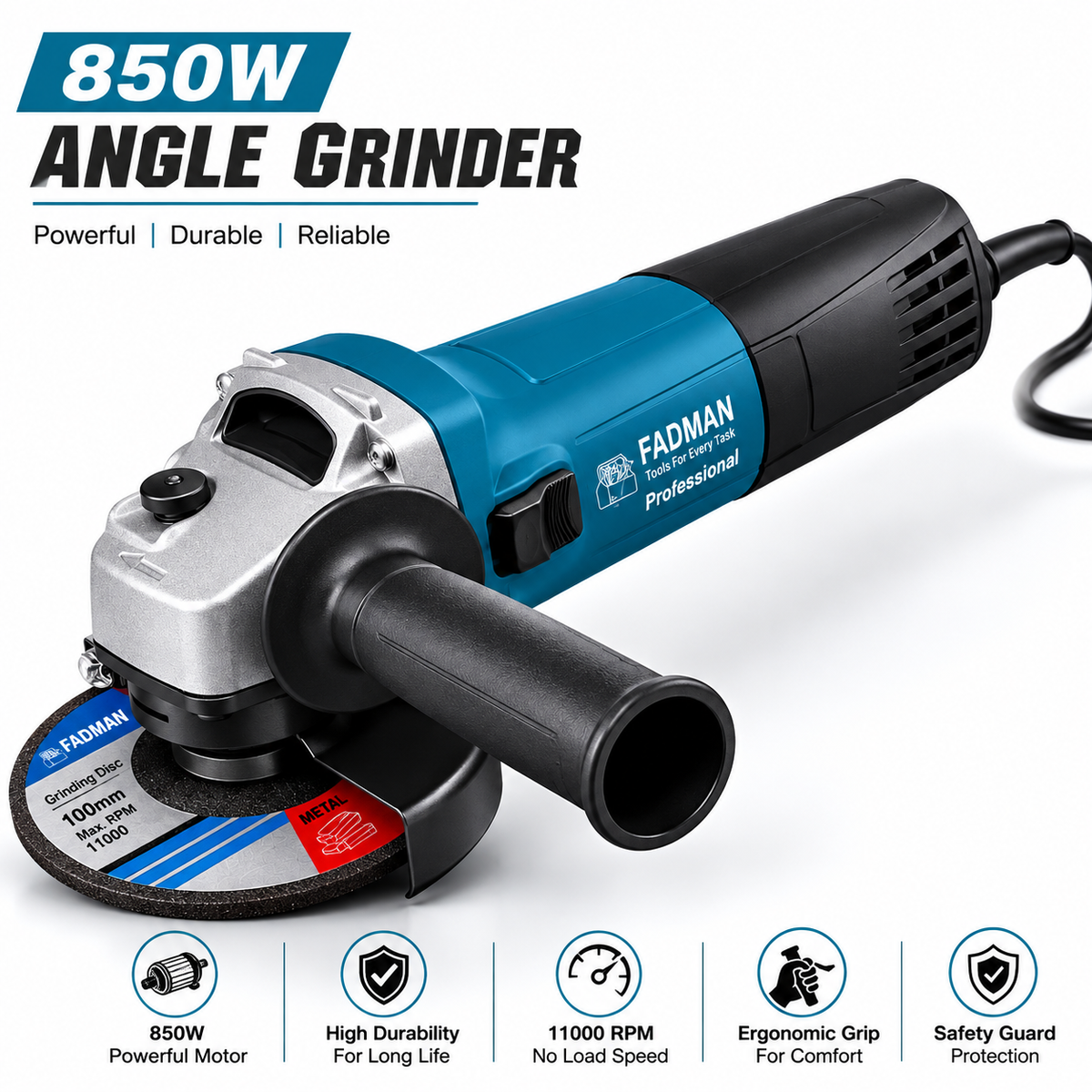 850W Angle Grinder 100mm Heavy Duty Electric Power Tool, 11000 RPM, Spindle Lock, Adjustable Protective Guard for Cutting, Grinding & Polishing (Green)
