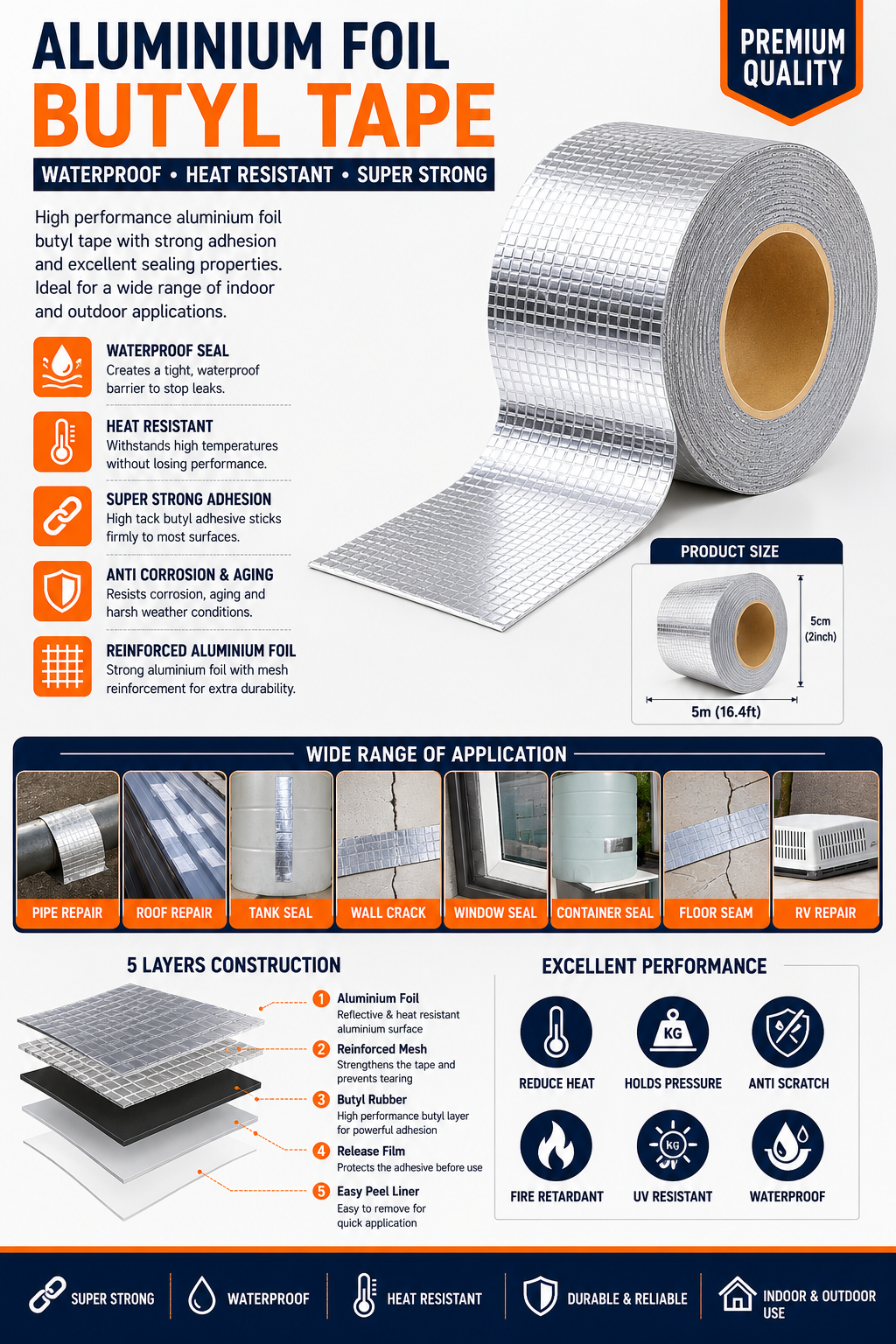 Aluminium Foil Waterproof Repair Tape 5cm x 5M, Self Adhesive Heavy Duty Leak Sealing Tape for Roof, Wall, Floor, Metal, Window, Pipe & Container Repair