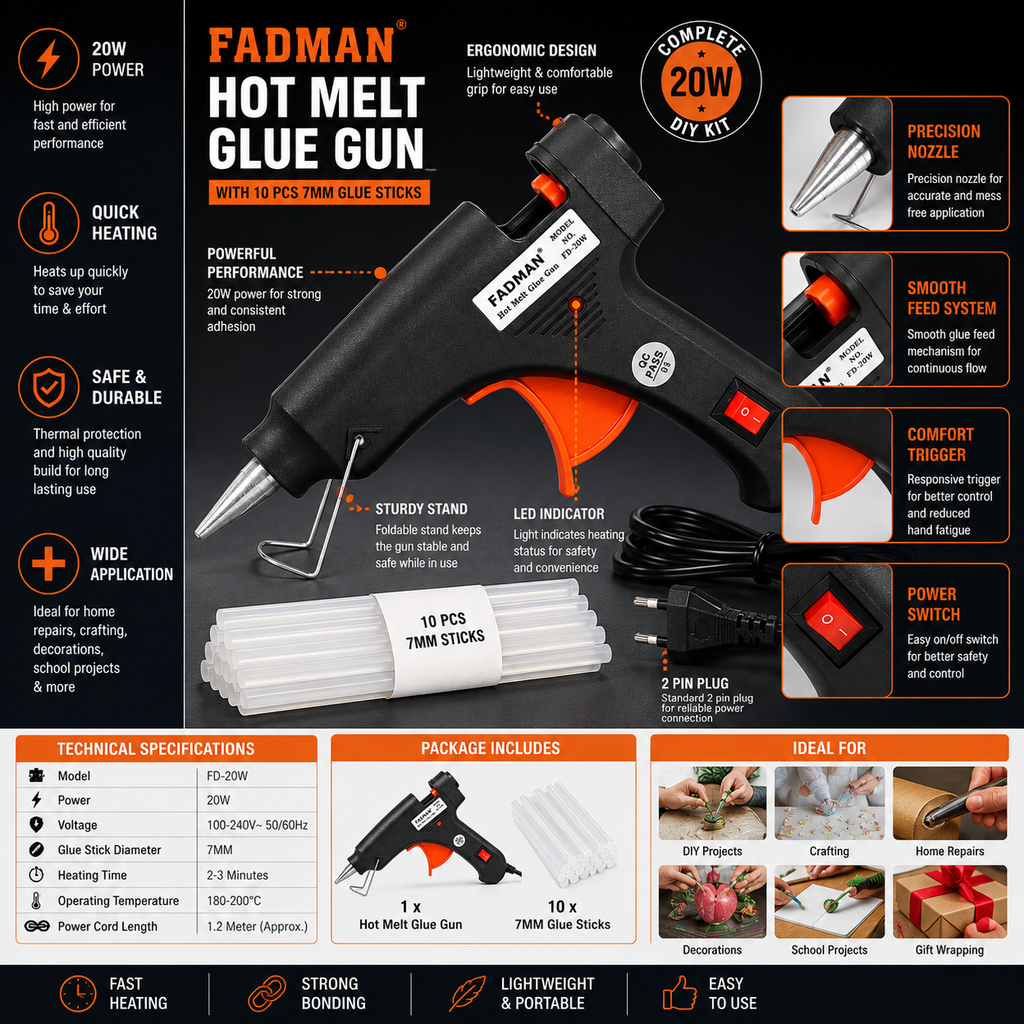 20W Hot Melt Glue Gun with 10 Pcs 7MM Glue Sticks | Mini Electric Adhesive Gun for DIY Crafts, Art, Repair & Home Projects (Black)