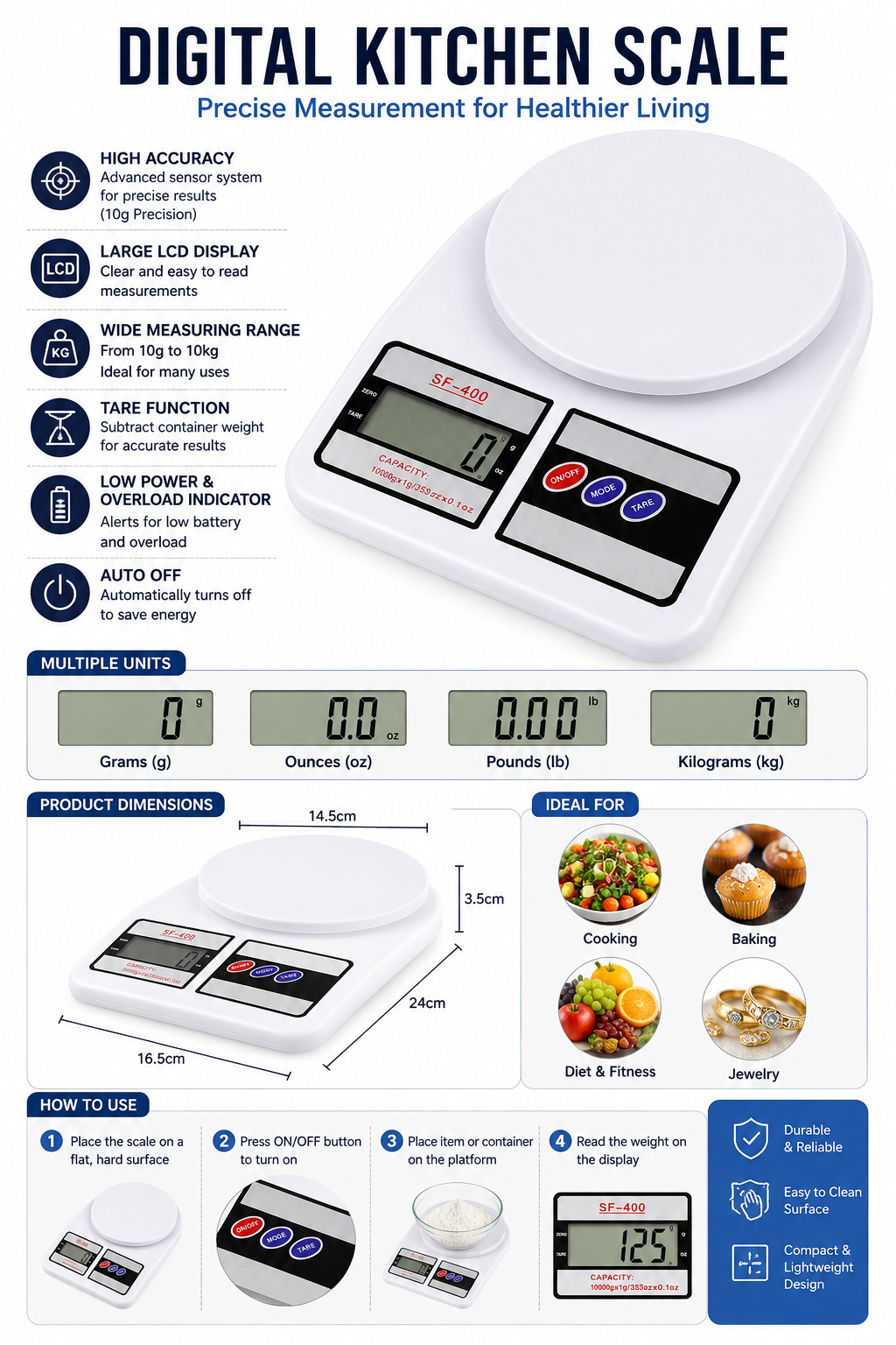 Digital Kitchen Weighing Scale, 10 kg Capacity, 1 g Precision, Electronic Food Weight Machine with Tare & Multiple Units, LCD Display for Cooking, Baking & Household Use
