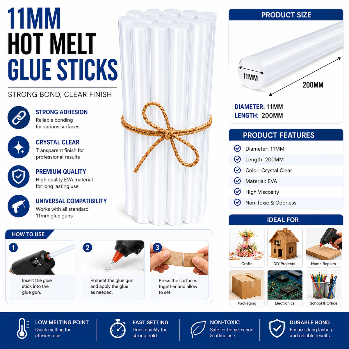 10 Pcs 11MM Hot Melt Glue Sticks, 7 Inch Transparent Adhesive Sticks for 40W to 150W Glue Guns, Strong Bonding for Craft, DIY, Repair & Decoration