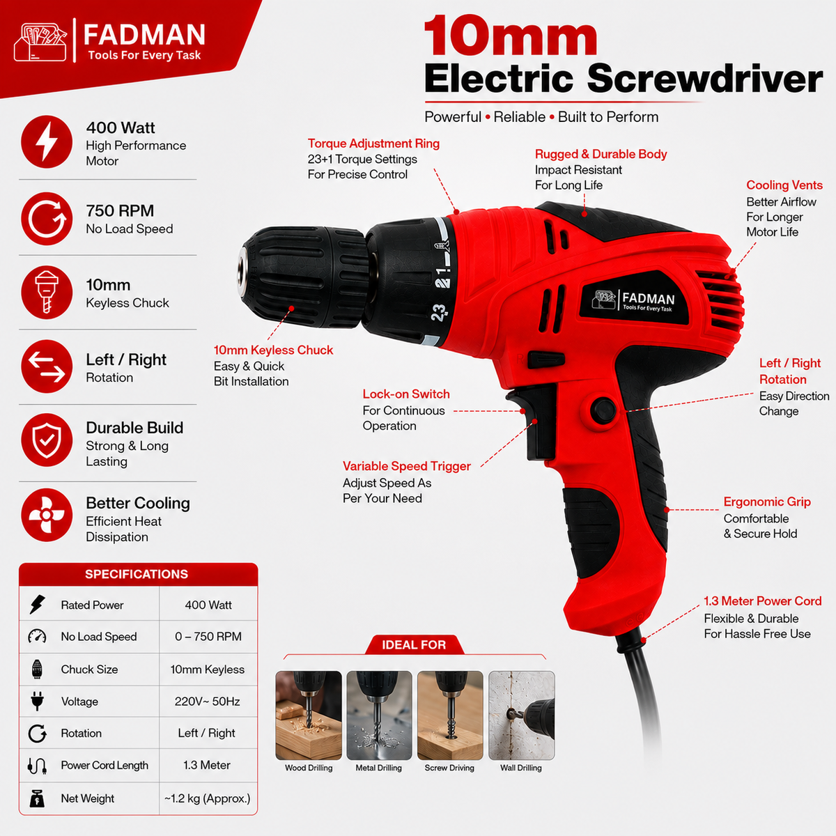 400W Electric Screwdriver Drill Machine 10mm Keyless Chuck | Variable Speed Reversible Drill | Corded Power Drill for Wood, Metal & DIY Home Repair