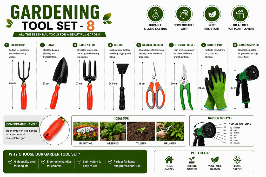 Garden Tools Set of 8 | Hand Trowel, 3-Tine Cultivator, Garden Fork, Khurpa, Pruning Cutter, Garden Scissors, Water Spray Nozzle & Gardening Gloves | Heavy Duty Gardening Tool Kit for Home, Lawn, Plants & Outdoor Use