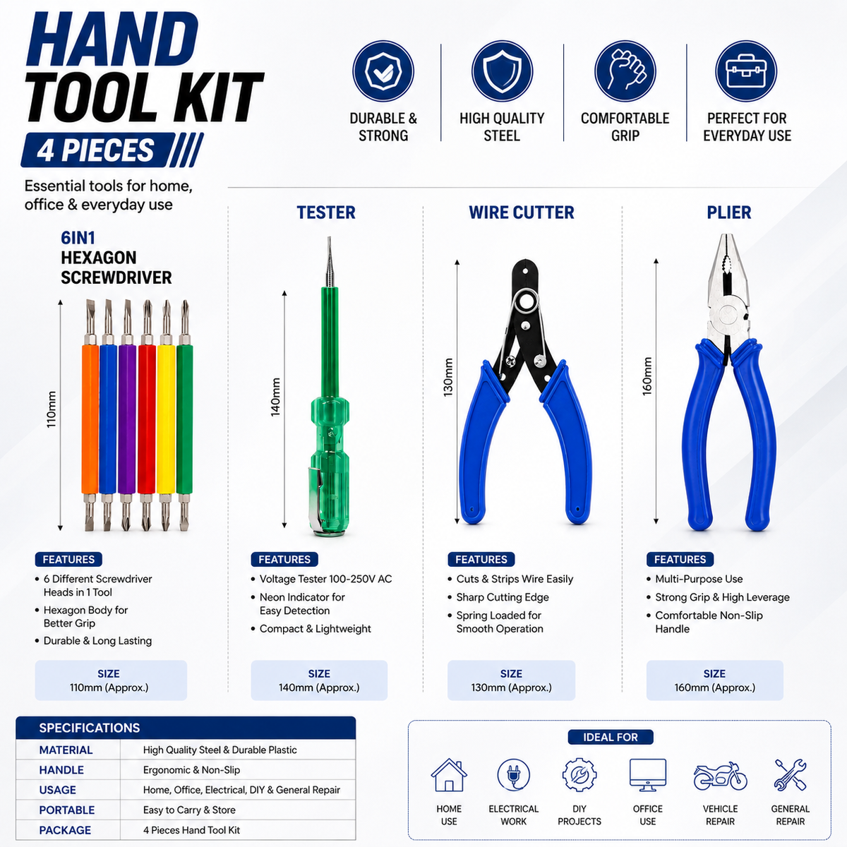 4-in-1 Multipurpose Hand Tool Kit with Combination Plier, Wire Cutter, Tester & 6-in-1 Hexagon Screwdriver Set for Home, Electrical & DIY Use