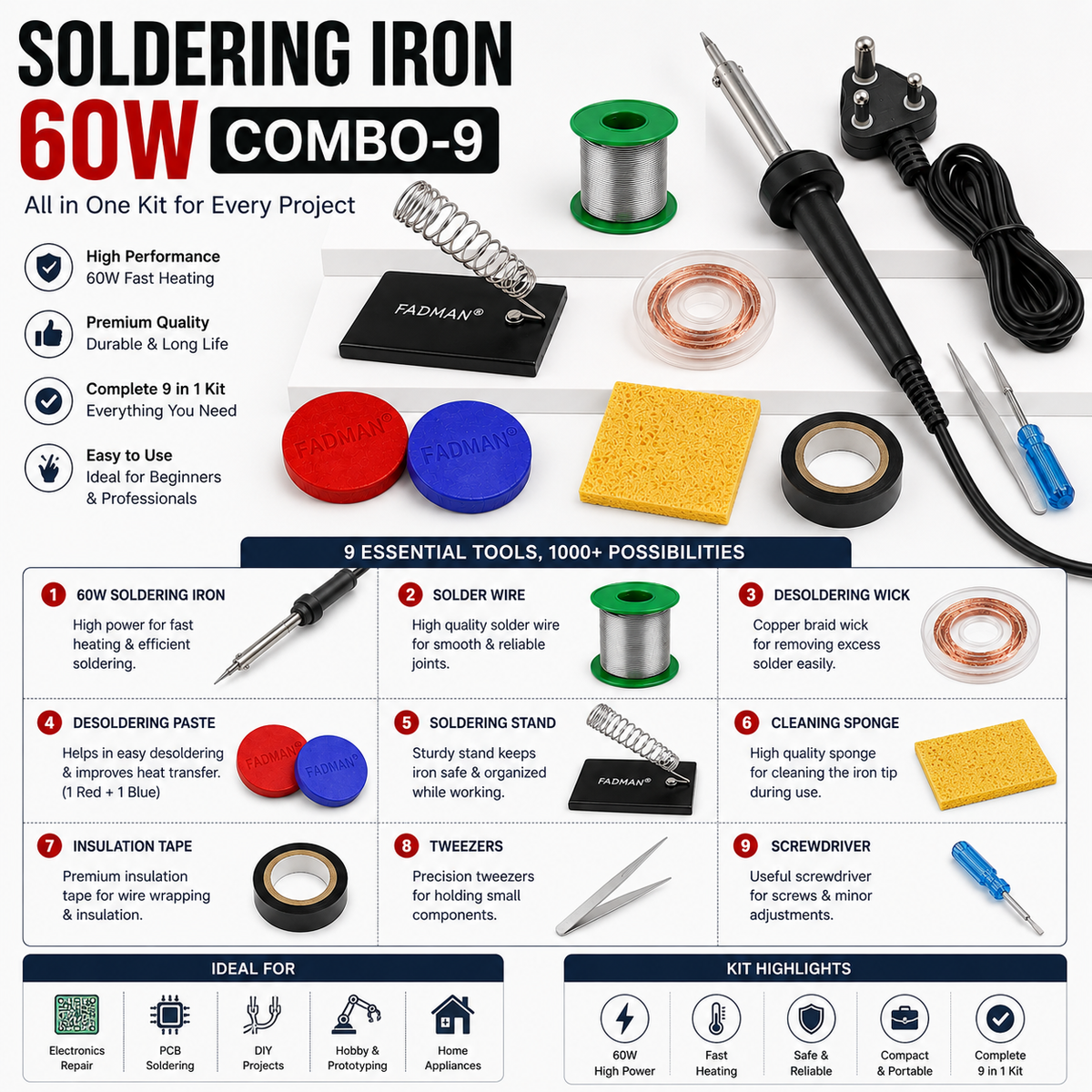 60W SOLDERING IRON KIT PACK OF 9