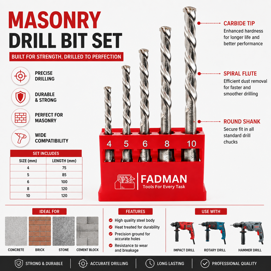 Masonry Drill Bit Set 4–10mm, 5 Pcs Concrete Wall Drill Bits