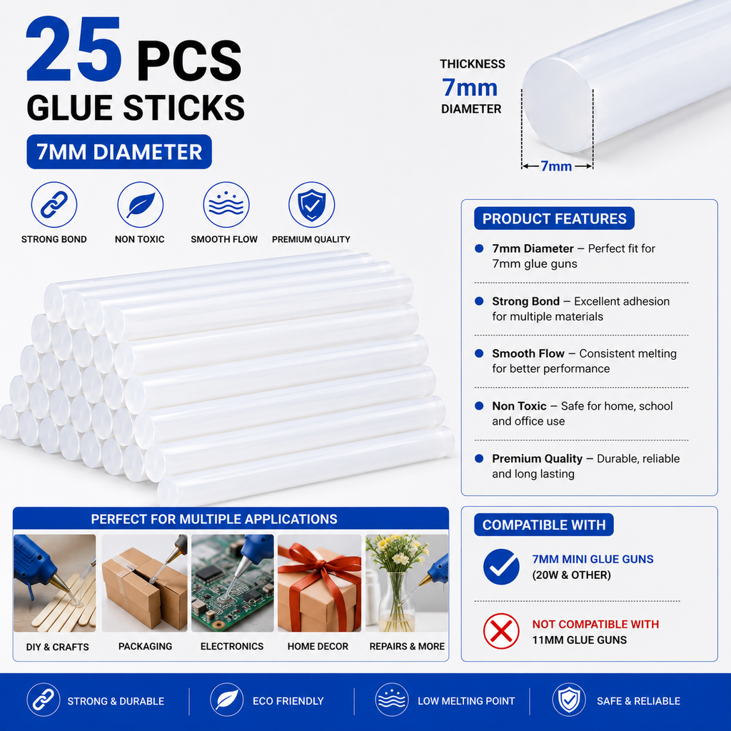 25 Pcs 7mm Transparent Hot Melt Glue Sticks for 20W Mini Glue Gun – Strong Adhesive Sticks for Craft, DIY, Art, Repair & Decoration