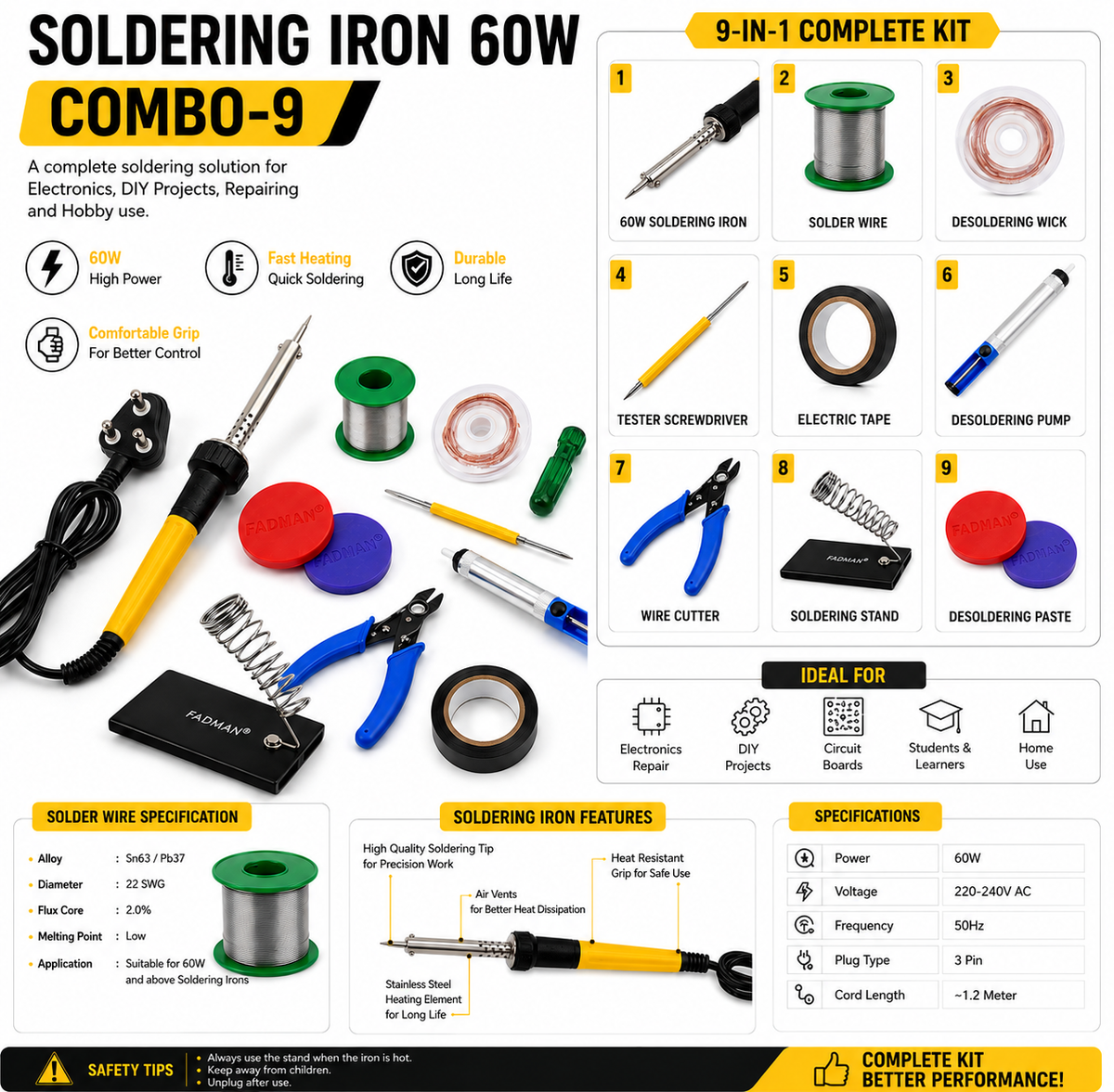 60W SOLDERING IRON KIT PACK OF 9