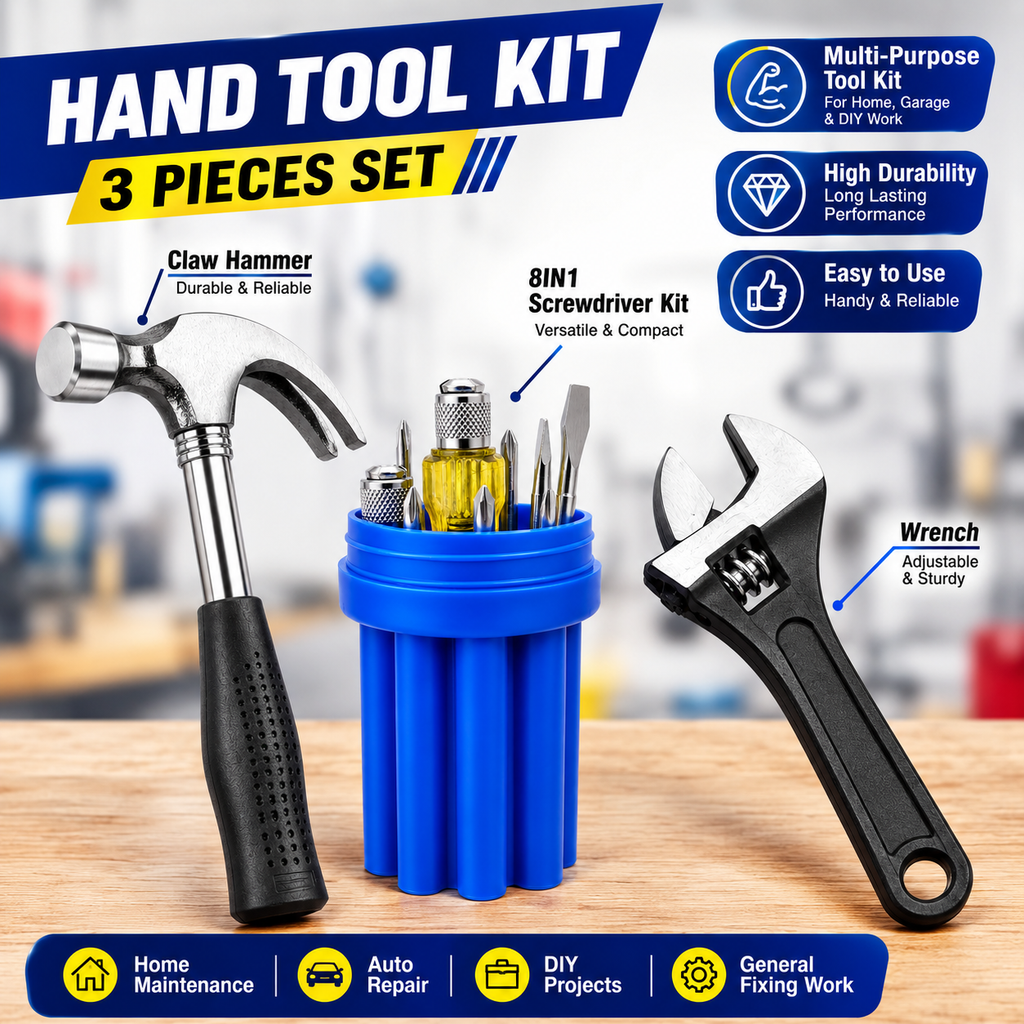 3-in-1 Hand Tool Kit with Claw Hammer, 8-in-1 Screwdriver & 200mm Adjustable Wrench, Multi-Purpose Hand Tool Set for Home Repair, DIY, Workshop & Maintenance