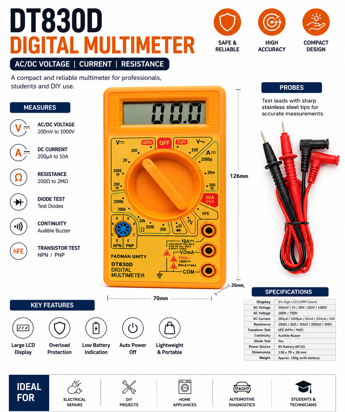 Digital Multimeter with Test Leads, Digit LCD Display, AC/DC Voltage & Current Tester, Resistance, Continuity & Diode Test, Electrical Measuring Meter for Home, Electronics & DIY