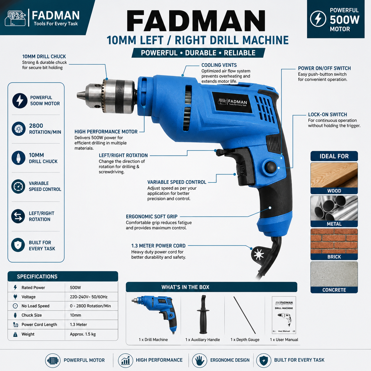 500W 10mm Electric Drill Machine with Variable Speed, Forward & Reverse Rotation, 2800 RPM, Lock-On Switch, Cooling Vents & 1.3 Meter Power Cord for Home, DIY & Professional Use