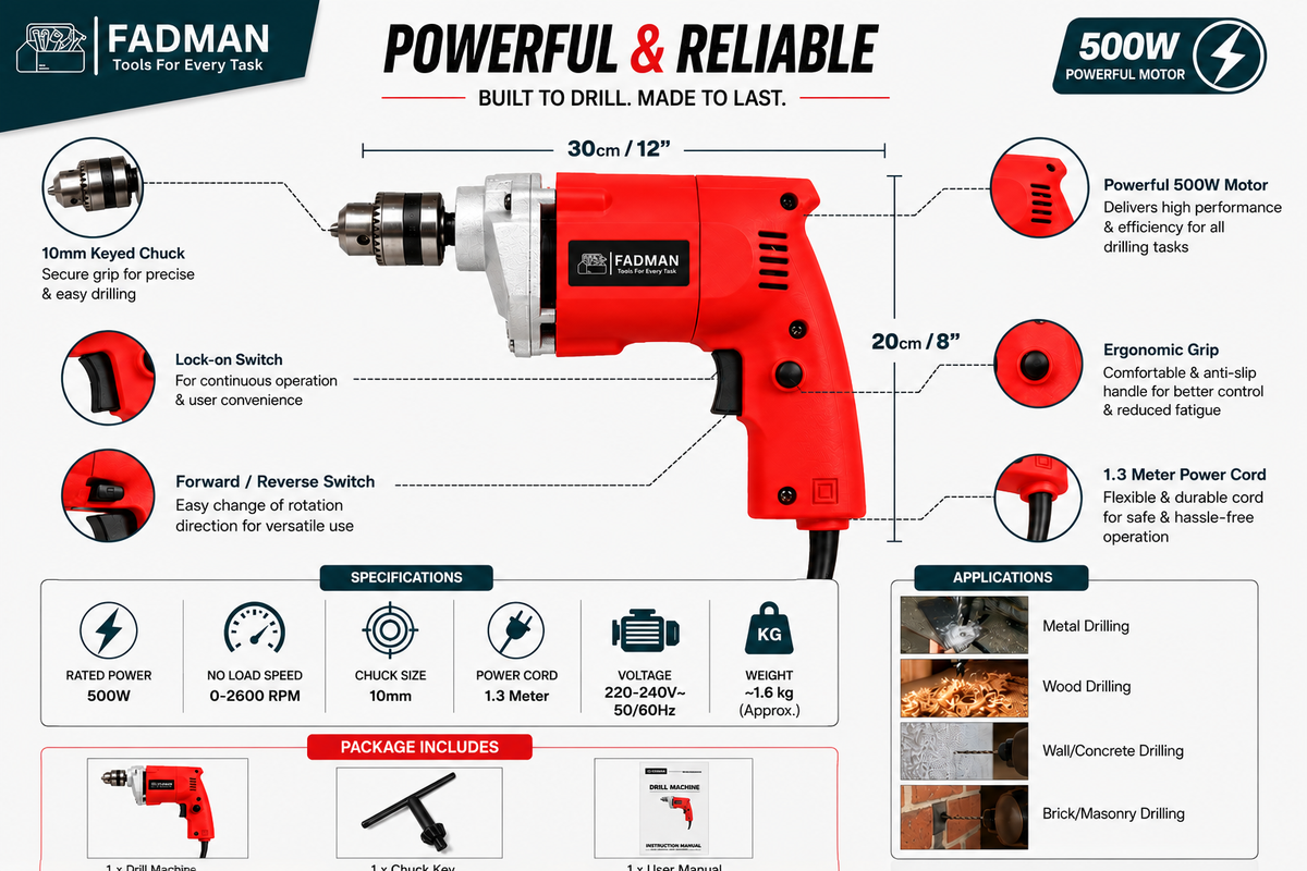 500W Electric Drill Machine with 10mm Chuck, 0–2600 RPM High Speed Corded Power Drill for Wood, Metal, Wall, Concrete & Masonry Drilling, 1.3 Meter Cord
