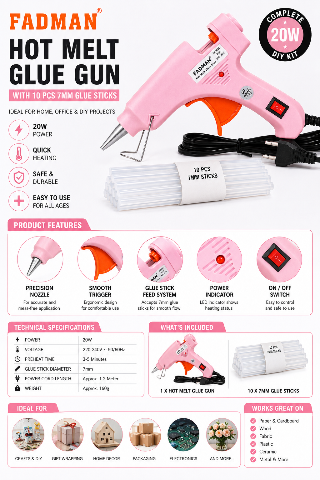 20W Hot Melt Glue Gun with 10 Pcs 7MM Glue Sticks | Mini Electric Adhesive Gun for DIY Crafts, Art, Repair & Home Projects (Pink)