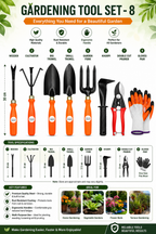 Garden Tools Set of 8 | Big Trowel, Small Trowel, Garden Fork, Hand Weeder, Cultivator, Pruning Cutter, Garden Gloves & Khurpa | Heavy Duty Gardening Tool Kit for Home, Lawn, Plants & Outdoor Use