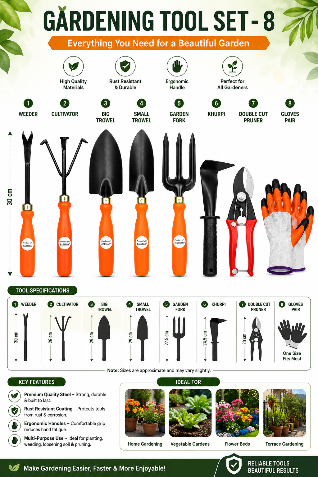 Garden Tools Set of 8 | Big Trowel, Small Trowel, Garden Fork, Hand Weeder, Cultivator, Pruning Cutter, Garden Gloves & Khurpa | Heavy Duty Gardening Tool Kit for Home, Lawn, Plants & Outdoor Use