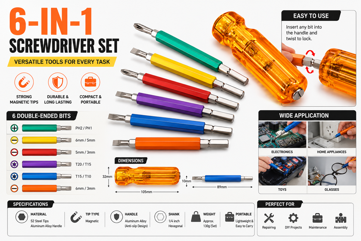 6 Pcs Precision Screwdriver Set with Magnetic Tips, Flat & Phillips Head Screwdrivers, Mini Hand Tool Kit for Electronics, Mobile, Laptop, Watch & DIY Repair