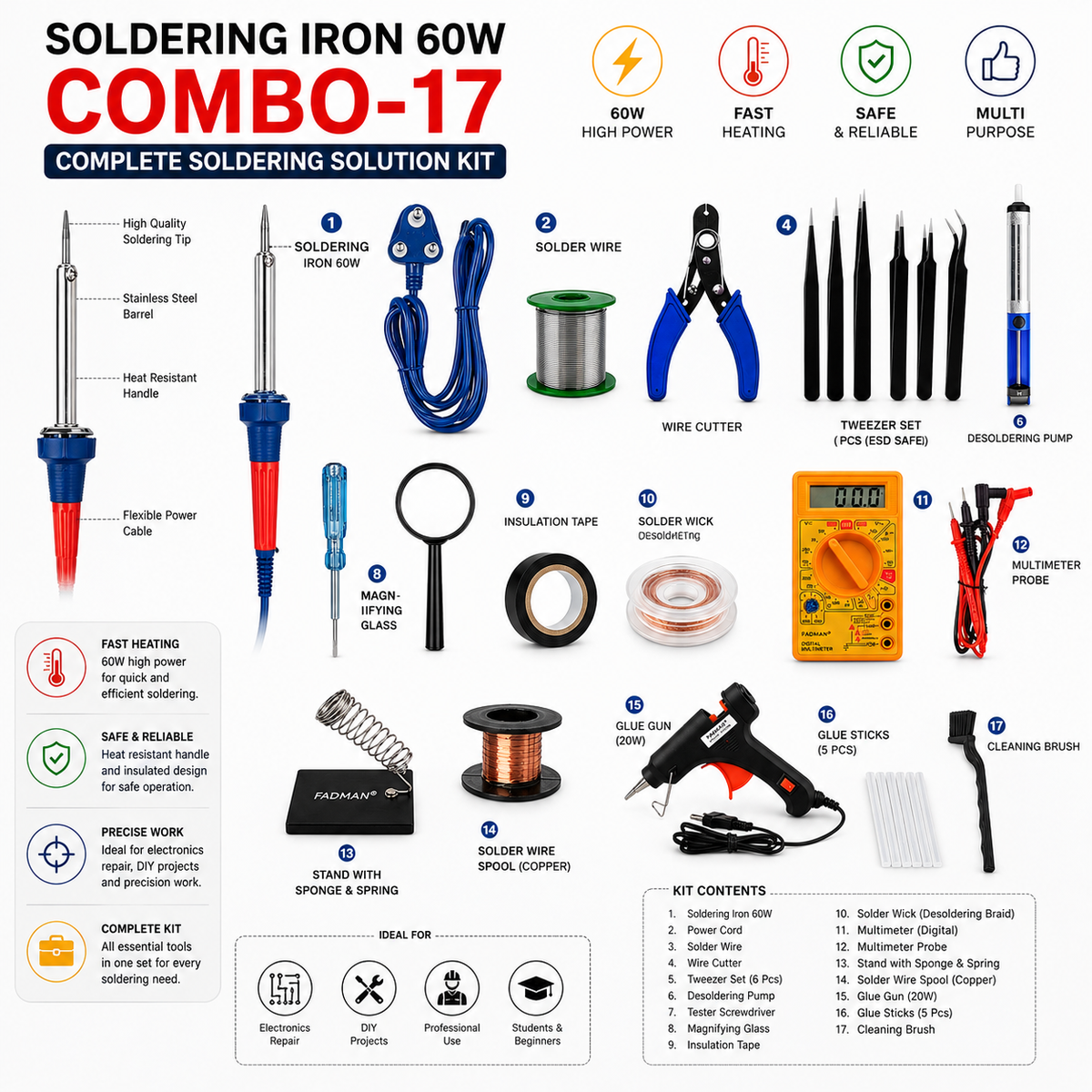 60W SOLDERING IRON KIT PACK OF 17