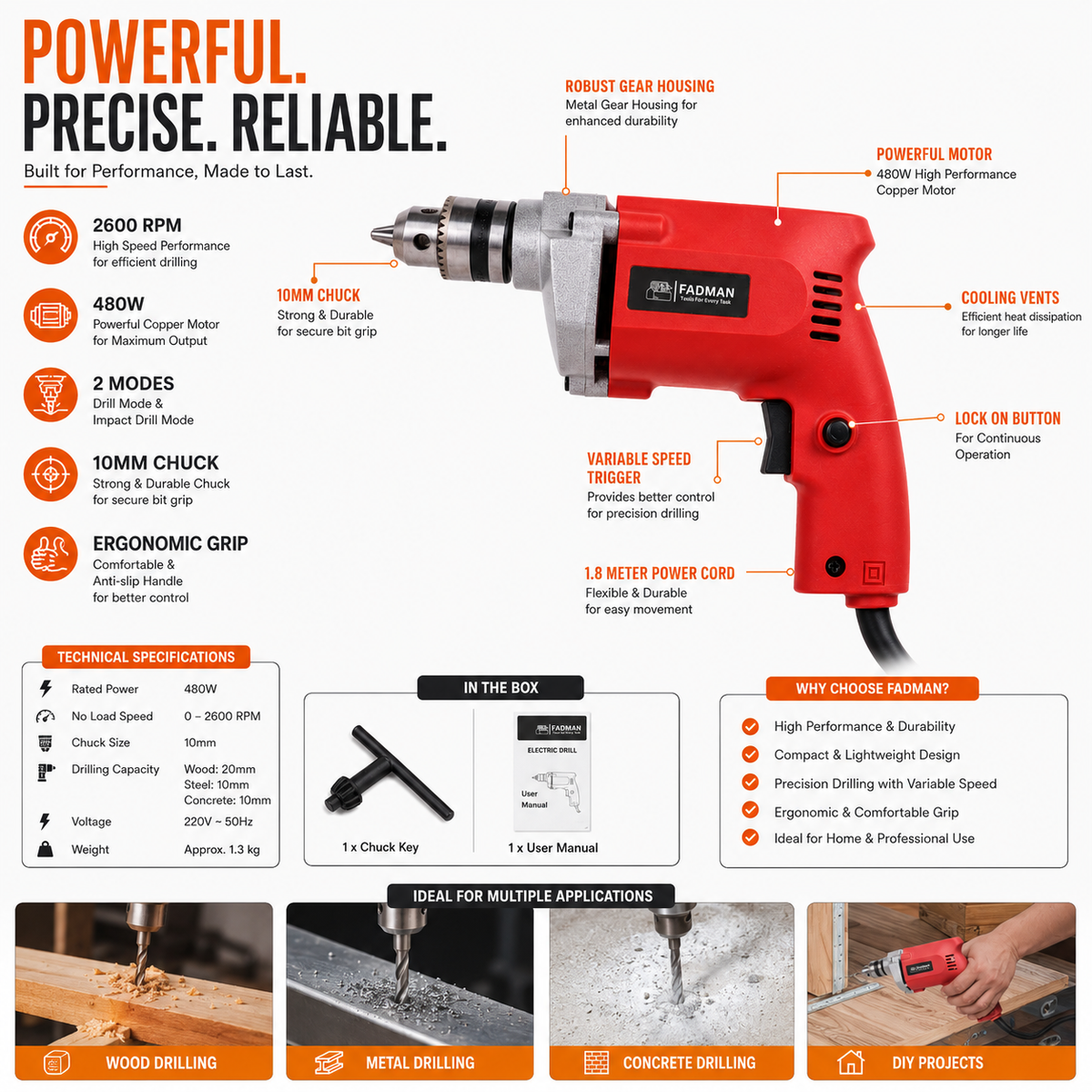 480W Electric Impact Drill Machine with 10mm Chuck, 2600 RPM Variable Speed, Copper Motor, Lock-On Switch & Dual Drilling Mode for Wood, Metal, Wall & DIY Projects