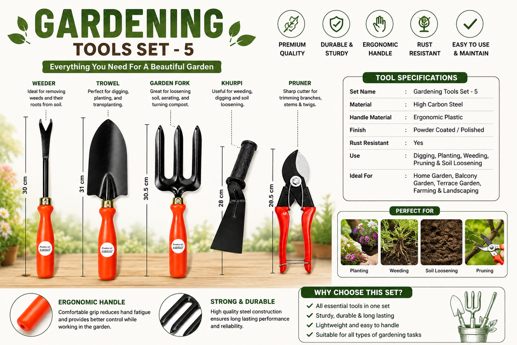 Garden Tools Set of 5 | Hand Trowel, Garden Fork, Weeder, Pruning Cutter & Khurpa | Heavy Duty Gardening Tools for Home, Lawn & Plants
