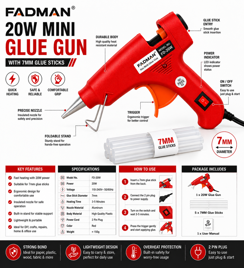 20W Hot Melt Glue Gun with 5 Pcs 7MM Glue Sticks | Mini Electric Adhesive Gun for DIY Crafts, Art, Repair & Home Projects (Red)