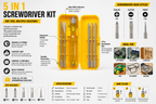 5-in-1 Screwdriver Set, 5 Interchangeable Bits, Phillips & Slotted Heads, Ergonomic Anti-Slip Handle, Portable Storage Case for Home, Electrical & Repair Work (Yellow)