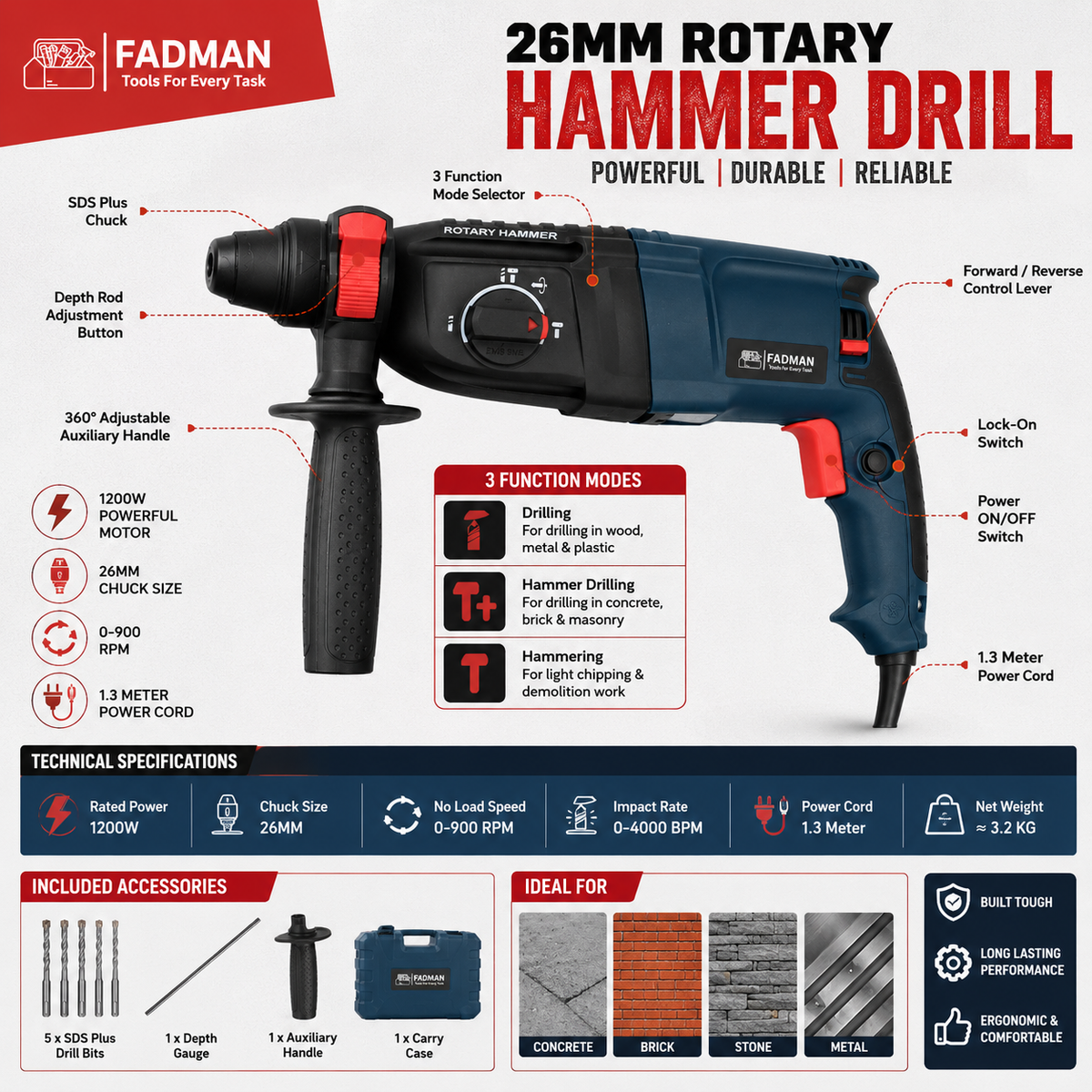 1200W 26mm Heavy Duty Rotary Hammer Drill Machine with SDS Plus Chuck, 3-Mode Drilling, Hammering & Hammer Drilling, 5 Drill Bits, Auxiliary Handle, Depth Rod & Carry Case