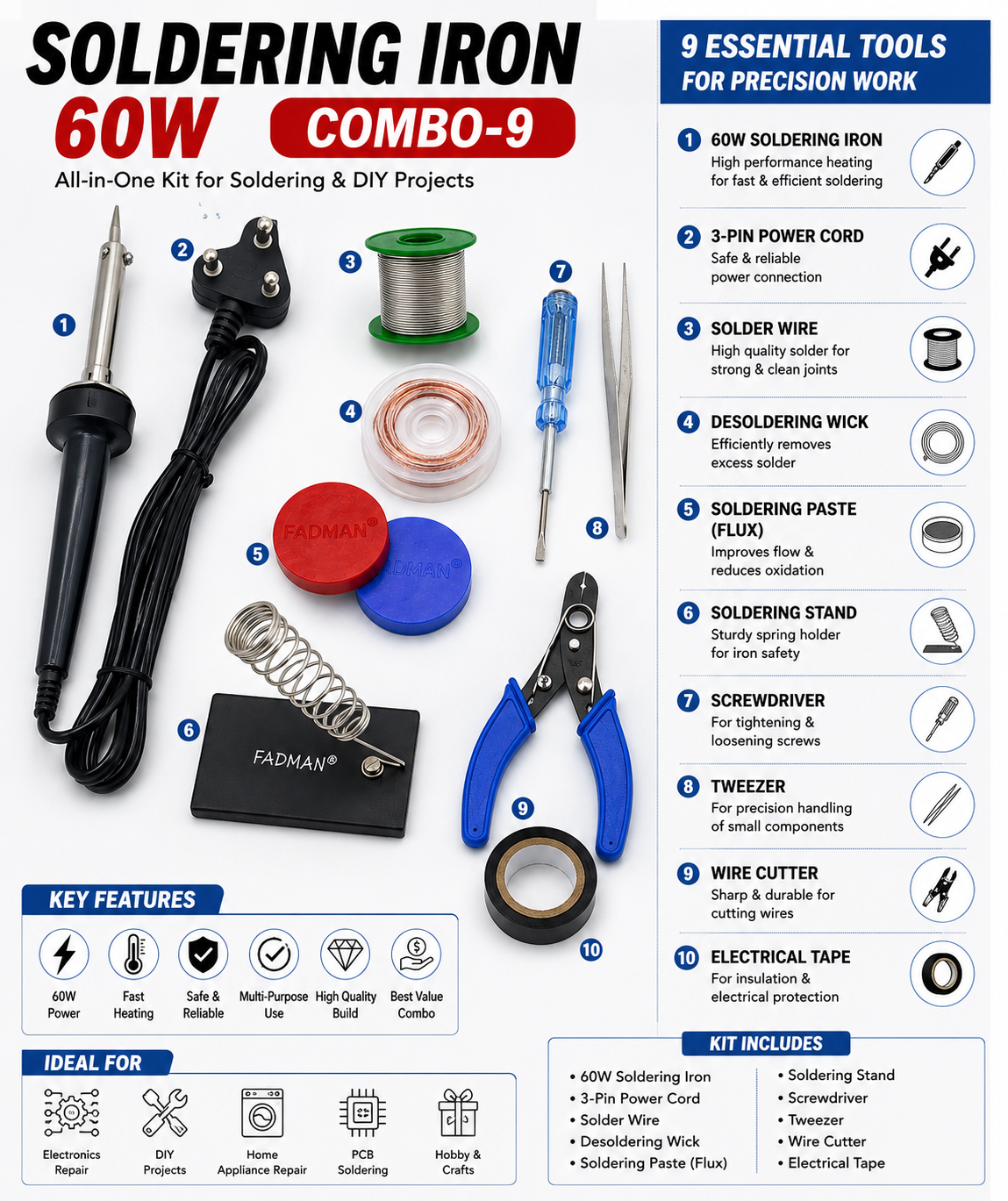 60W SOLDERING IRON KIT PACK OF 9