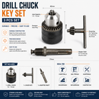 Keyless Drill Chuck with Arbor & Chuck Key – 1.5–13mm