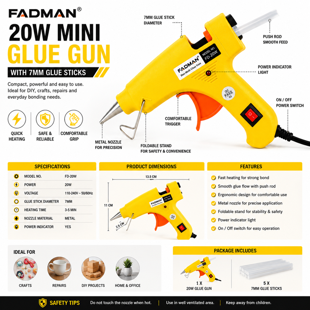 20W Hot Melt Glue Gun with 5 Pcs 7MM Glue Sticks | Mini Electric Adhesive Gun for DIY Crafts, Art, Repair & Home Projects (Yellow)