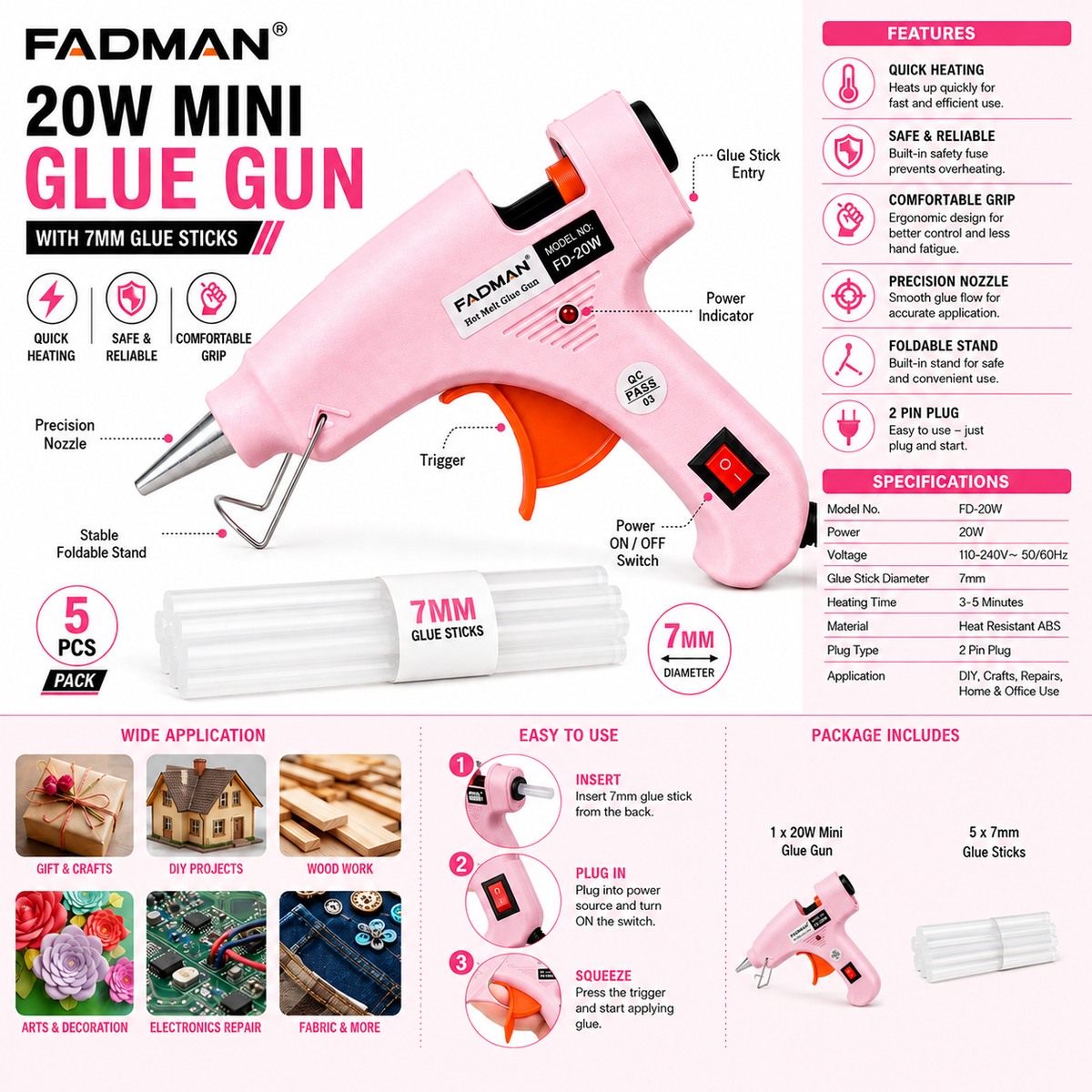 20W Hot Melt Glue Gun with 5 Pcs 7MM Glue Sticks | Mini Electric Adhesive Gun for DIY Crafts, Art, Repair & Home Projects (Pink)