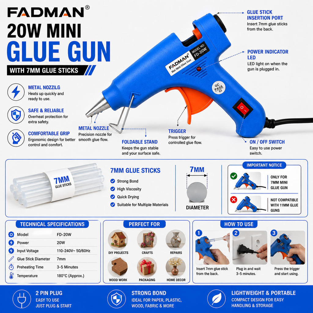 20W Hot Melt Glue Gun with 5 Pcs 7MM Glue Sticks | Mini Electric Adhesive Gun for DIY Crafts, Art, Repair & Home Projects (Blue)