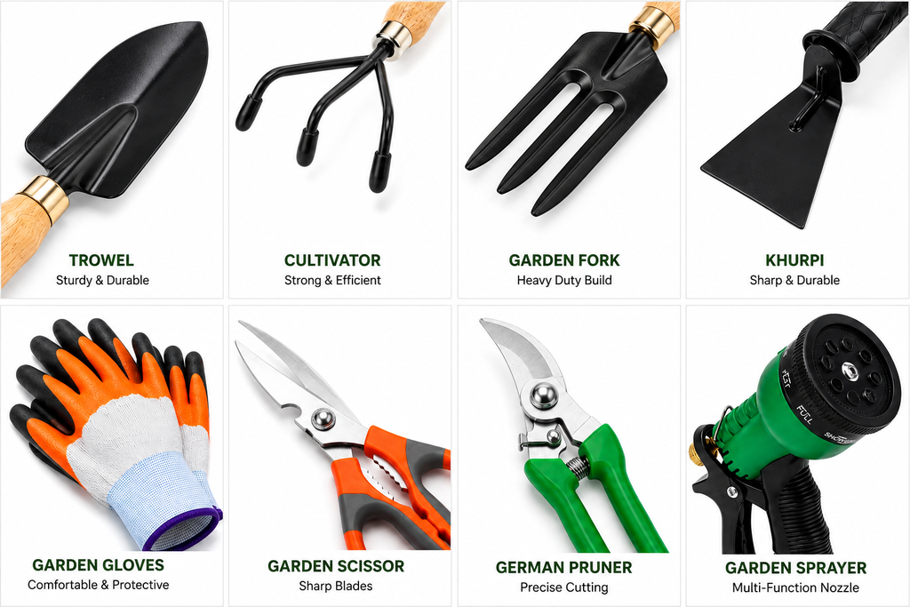 Garden Tools Set of 8 | Khurpa, Gardening Gloves, Pruning Scissors, Garden Pruner, Water Spray Nozzle & Hand Trowel Cultivator Fork Set | Gardening Tools Kit for Home, Plants, Lawn & Outdoor Use