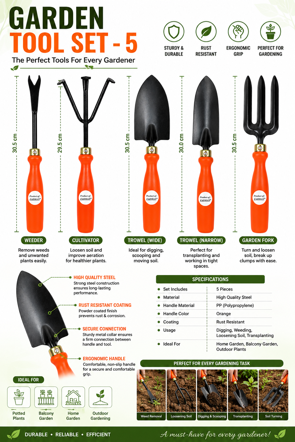 Garden Tools Set of 5 | Hand Trowel, 3-Tine Cultivator, Garden Fork, Weeder & Gardening Trowel | Heavy Duty Gardening Tools for Planting, Digging & Soil Cultivation