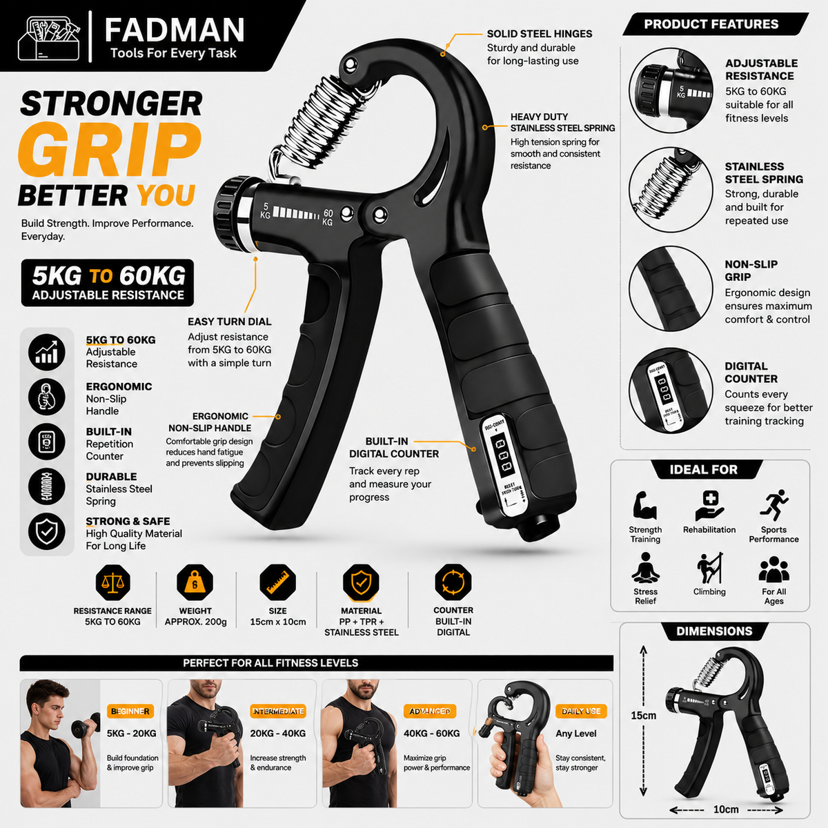 Adjustable Hand Grip Strengthener 5-60KG, Heavy Duty Forearm & Hand Exerciser with Resistance Control, Ergonomic Grip for Men & Women, Wrist & Finger Strength Training