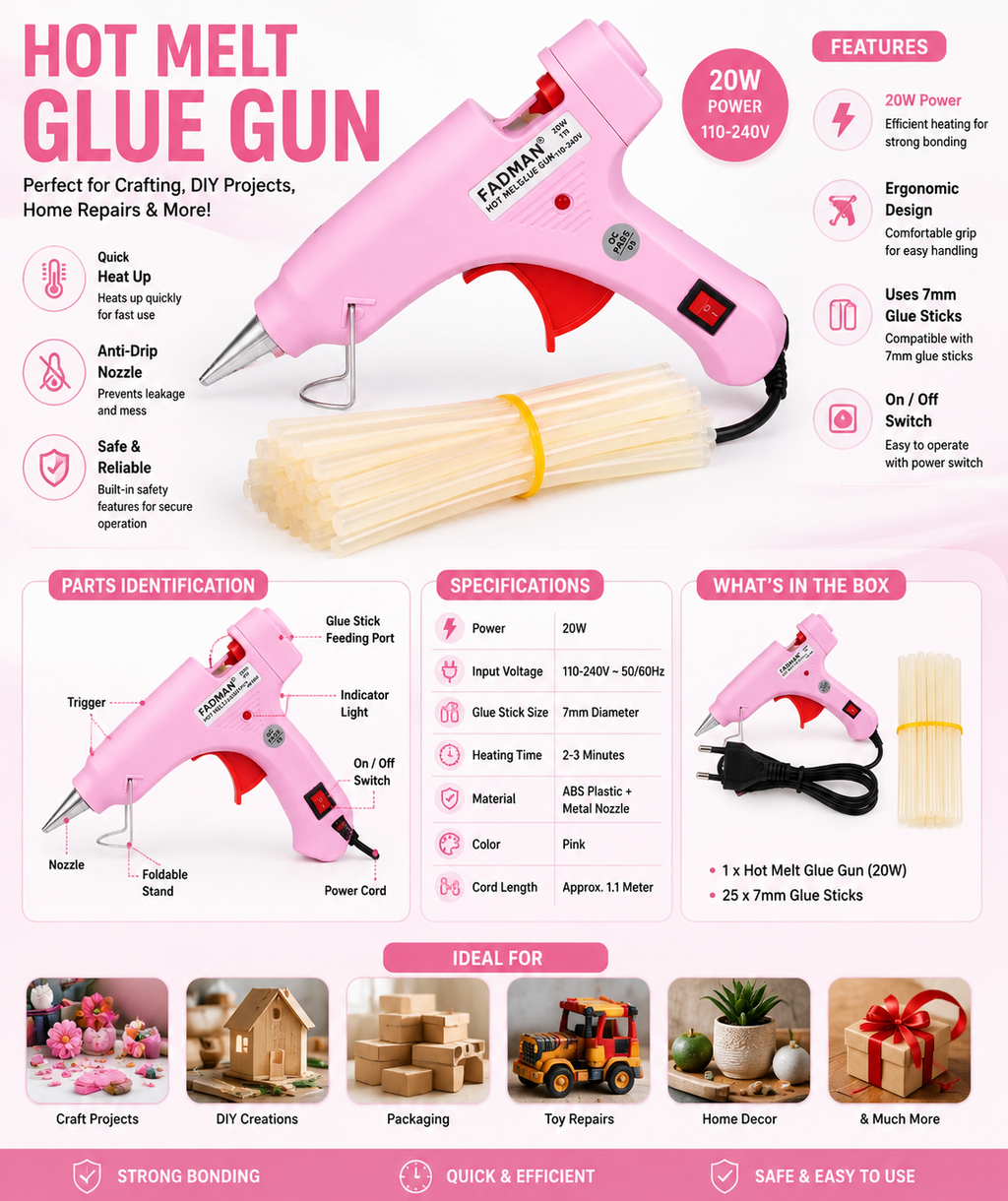 20W Hot Melt Glue Gun with 25 Pcs 7MM Glue Sticks | Mini Electric Adhesive Gun for DIY Crafts, Art, Repair & Home Projects (Pink)