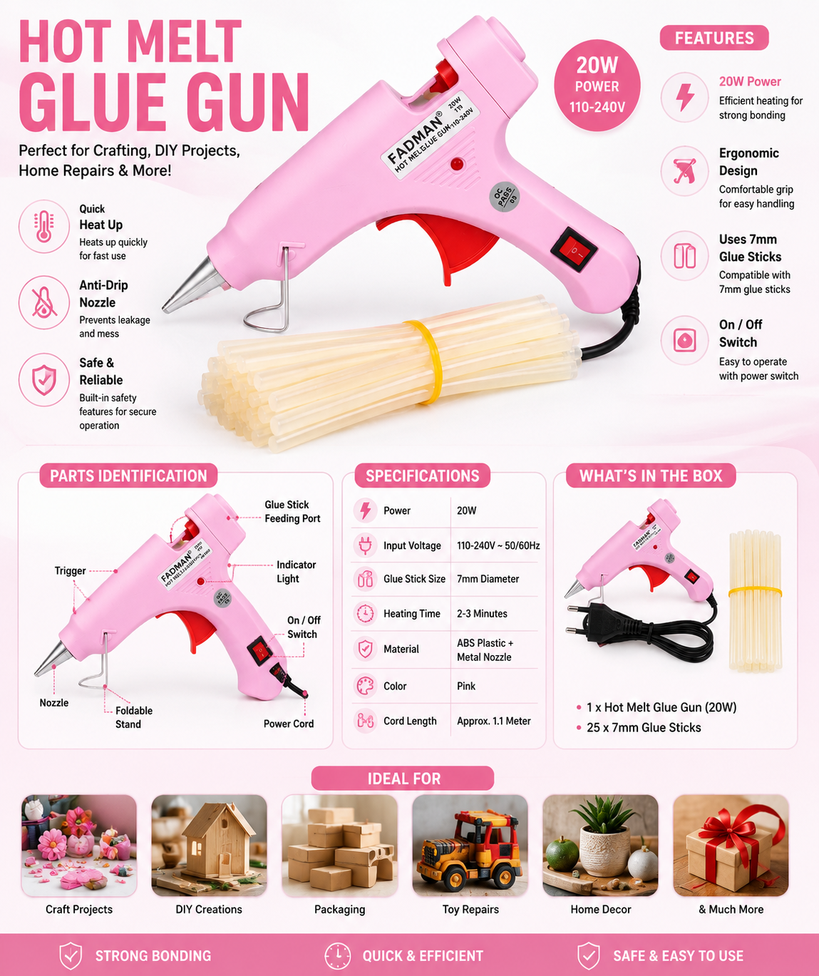 20W Hot Melt Glue Gun with 25 Pcs 7MM Glue Sticks | Mini Electric Adhesive Gun for DIY Crafts, Art, Repair & Home Projects (Pink)