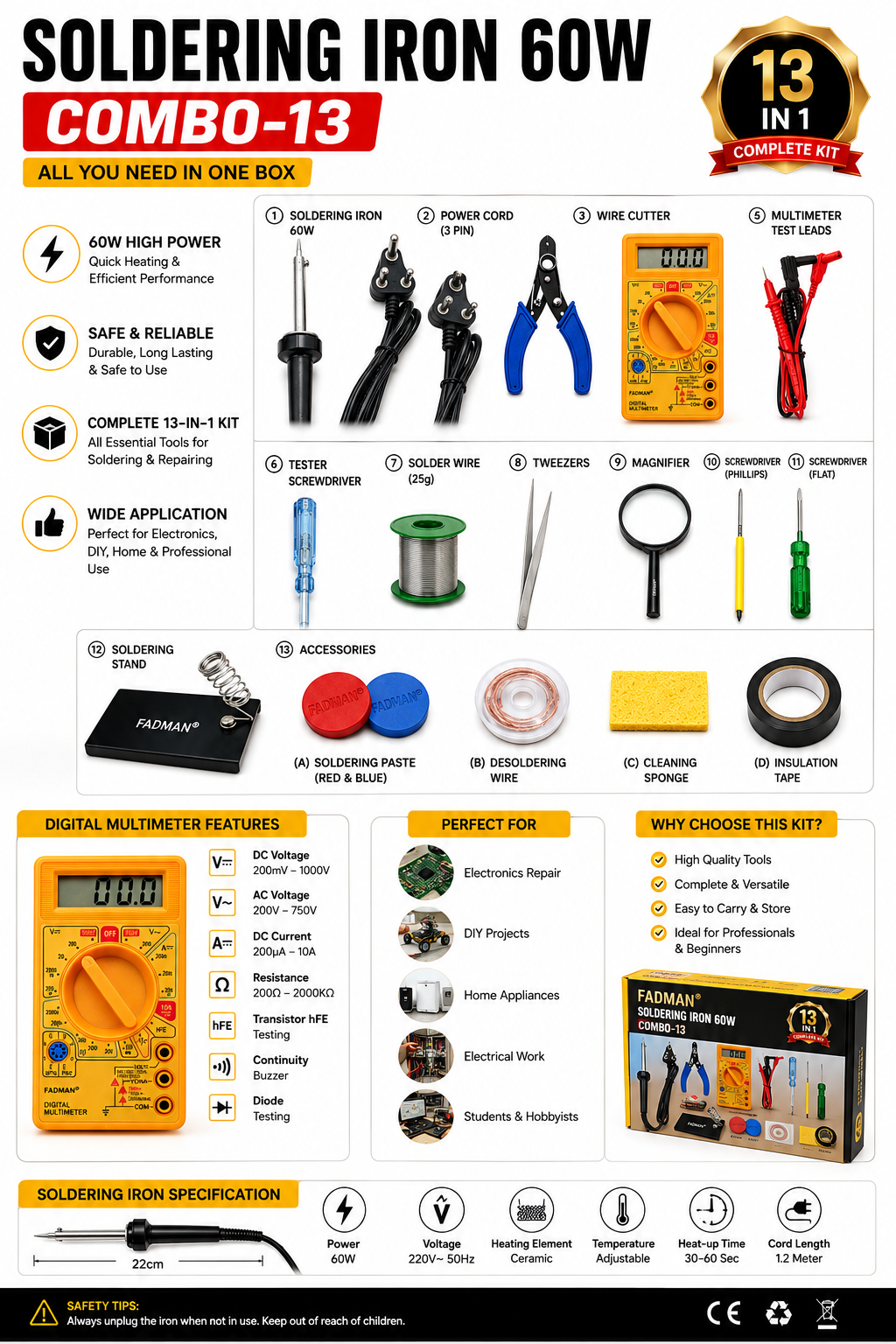 60W SOLDERING IRON KIT PACK OF 13