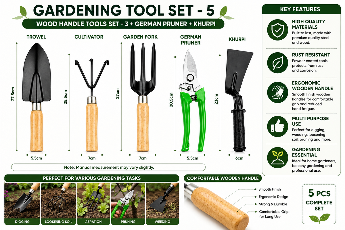 Garden Tools Set with Khurpa, German Cutter & Wood Handle Gardening Tools for Weeding, Pruning & Plant Care