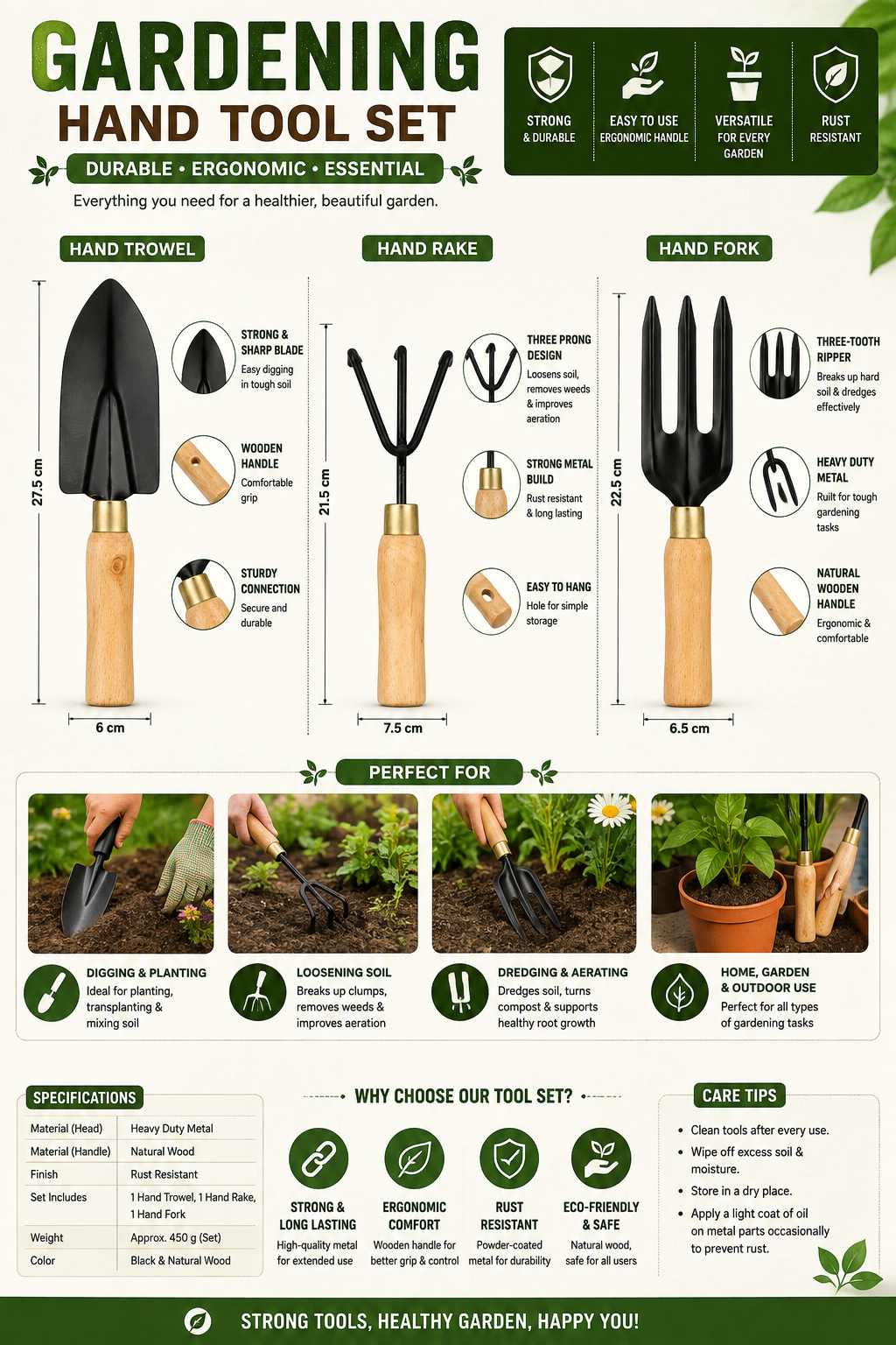 3 Pcs Garden Hand Tool Set with Trowel, Hand Cultivator & Garden Fork | Wooden Handle Gardening Tools for Digging, Weeding, Planting & Soil Aeration