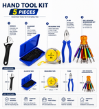 5-in-1 Hand Tool Kit with Adjustable Wrench, 5M Measuring Tape, Combination Pliers, Blue Allen Key Set & 6-in-1 Hexagon Screwdriver Set for Home, Workshop & Repair