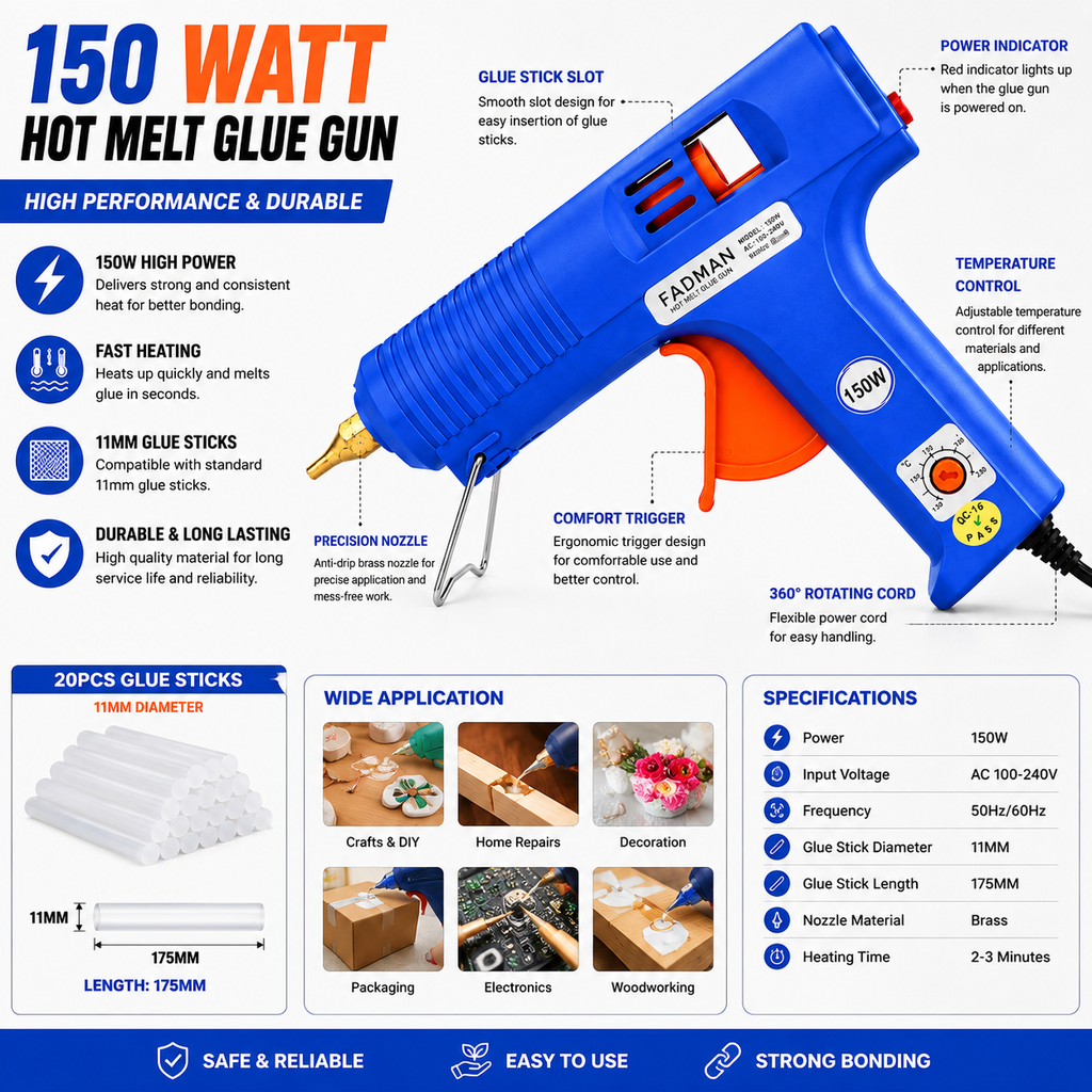 150W Hot Melt Glue Gun with 20 Pcs 11MM Glue Sticks | High Temperature Electric Adhesive Gun for DIY, Craft, Repair, Art & Home Projects