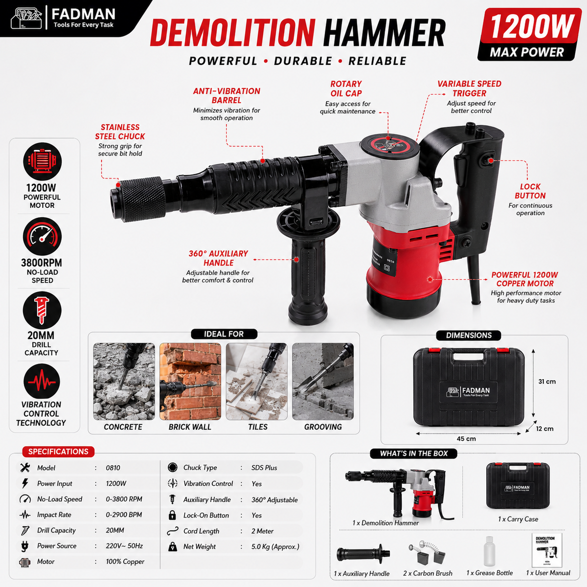 1200W Heavy Duty Rotary Hammer Drill Machine, 20mm Concrete Drill Capacity, 3800 RPM, 2900 BPM, Vibration Control, Ergonomic Grip & Auxiliary Handle for Concrete, Masonry & Construction Work