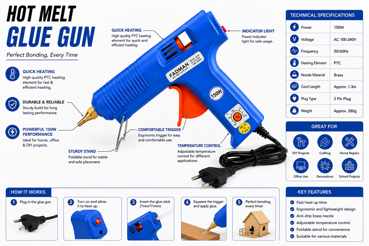 150W Hot Melt Glue Gun | High Temperature Electric Adhesive Gun for DIY, Craft, Repair, Art & Home Projects