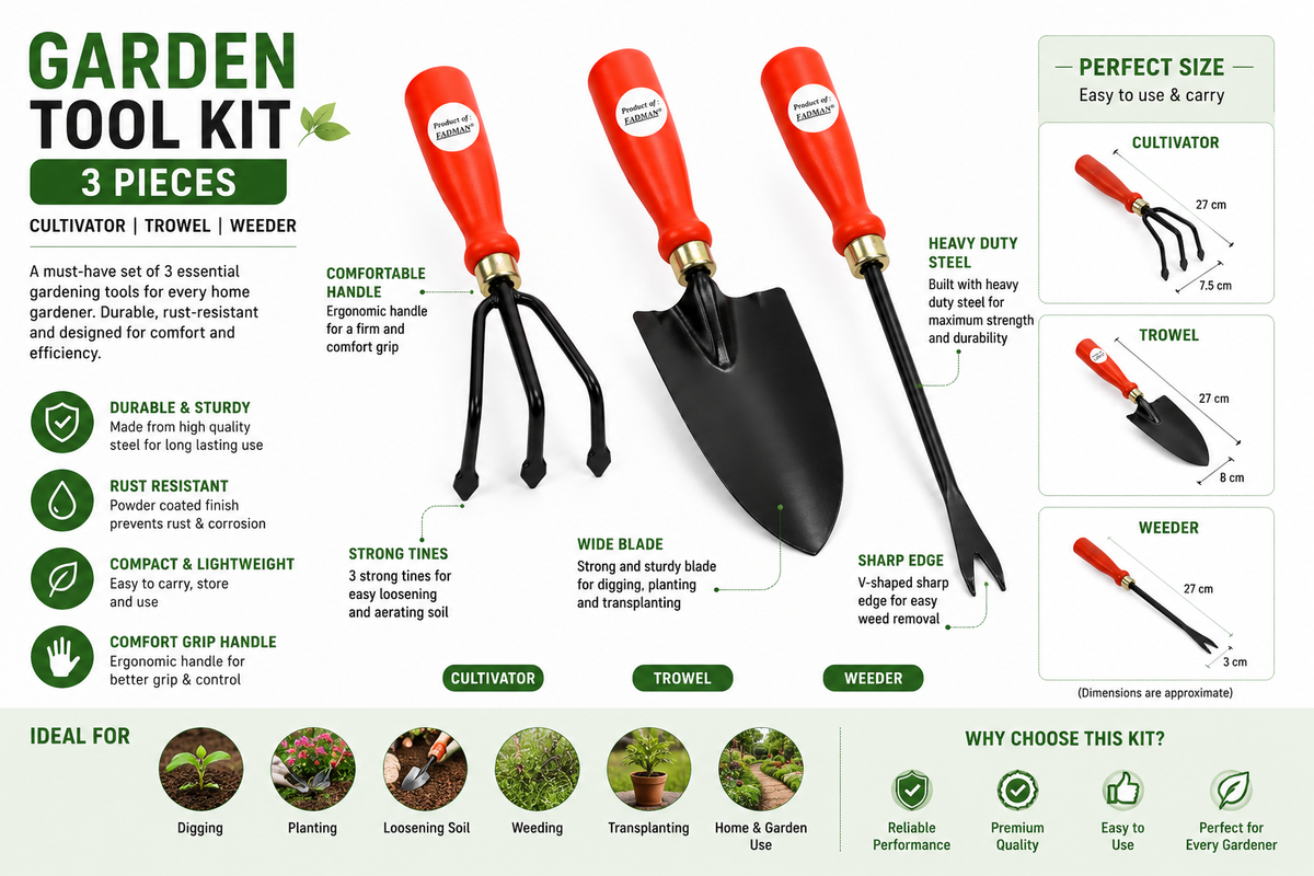 3 Pcs Garden Hand Tools Set – Weeder, Cultivator & Small Trowel, Heavy Duty Gardening Tools for Planting, Loosening Soil, Weeding & Transplanting