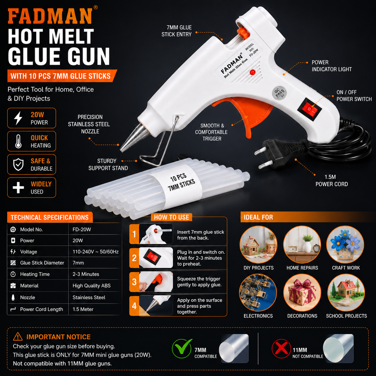 20W Hot Melt Glue Gun with 10 Pcs 7MM Glue Sticks | Mini Electric Adhesive Gun for DIY Crafts, Art, Repair & Home Projects (White)