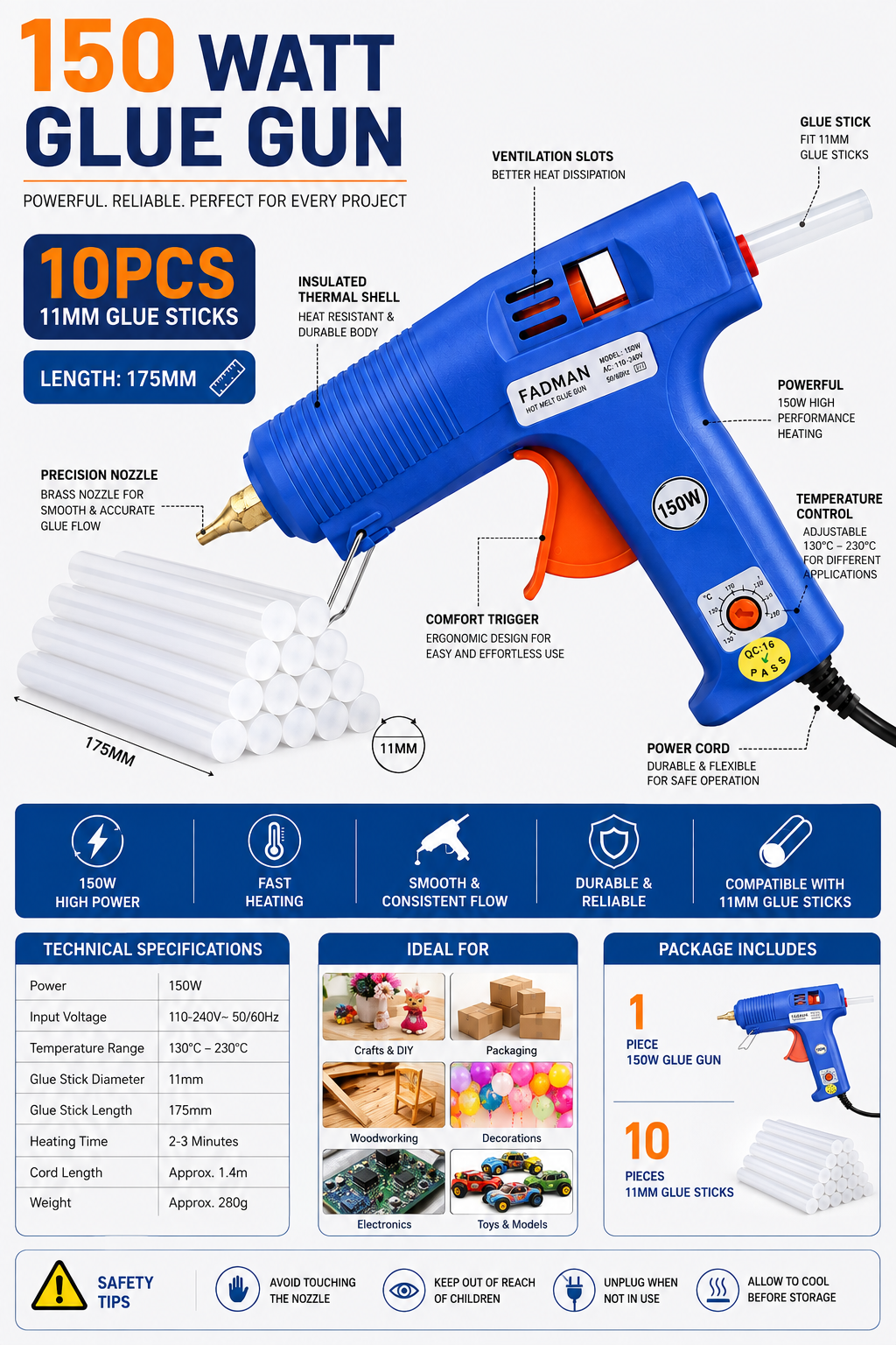 150W Hot Melt Glue Gun with 10 Pcs 11MM Glue Sticks | High Temperature Electric Adhesive Gun for DIY, Craft, Repair, Art & Home Projects