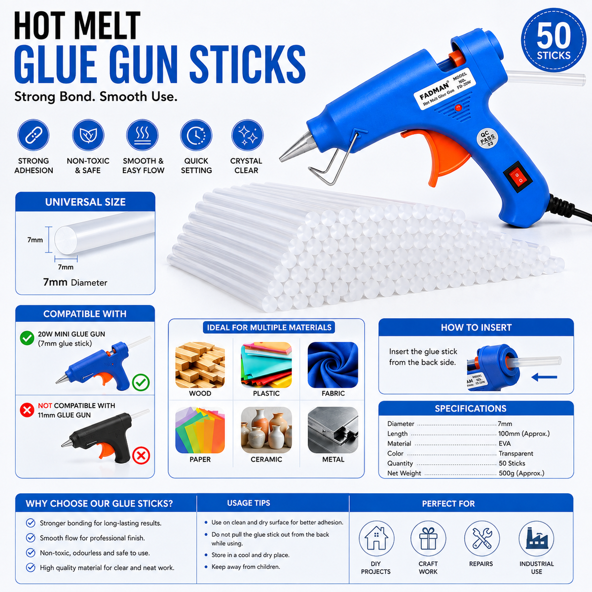 20W Hot Melt Glue Gun with 50 Pcs 7MM Glue Sticks | Mini Electric Adhesive Gun for DIY Crafts, Art, Repair & Home Projects (Blue)