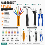 4-in-1 Multi-Purpose Hand Tool Kit – Combination Plier, 6-in-1 Hexagon Screwdriver Set, Claw Hammer & 200mm Adjustable Wrench for Home, Repair & DIY Work