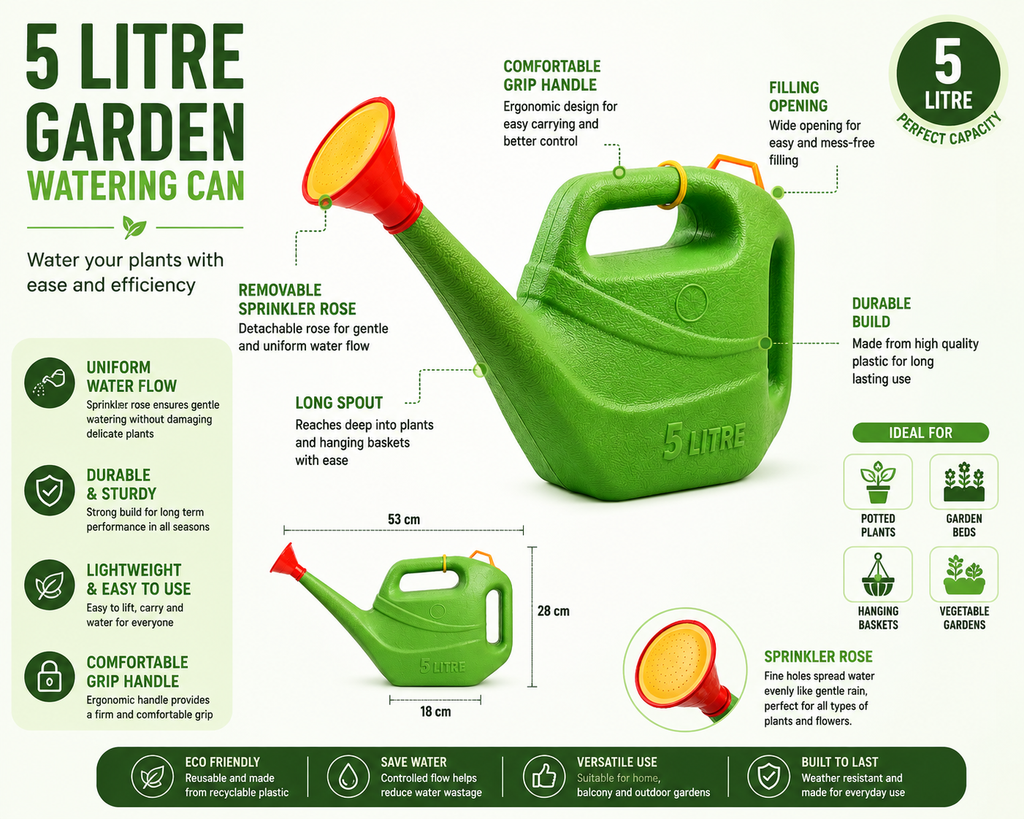 5L Plastic Garden Watering Can with Long Spout & Detachable Sprinkler Head | Lightweight Heavy Duty Water Can for Plants, Flowers, Lawn, Indoor & Outdoor Gardening